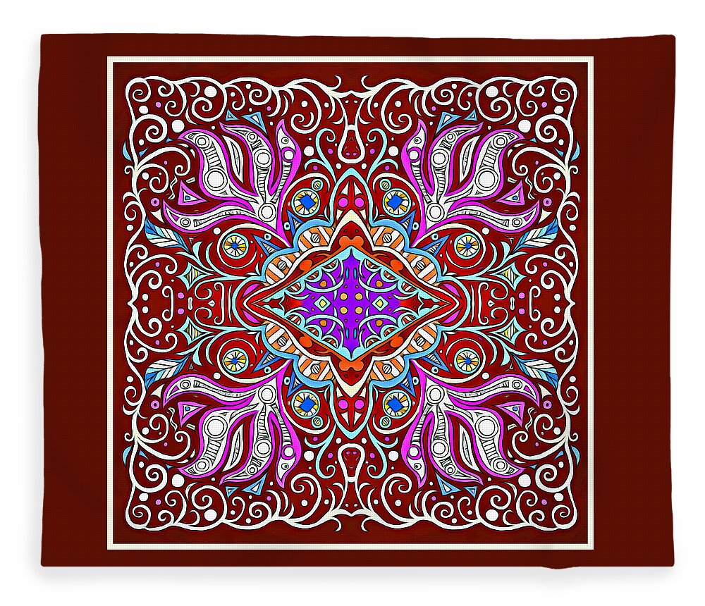 Dark Red Square Fleece Blanket featuring the mixed media Dark Red Symmetrical Square Design with Blue, Fuchsia and Orange Details by Lise Winne
