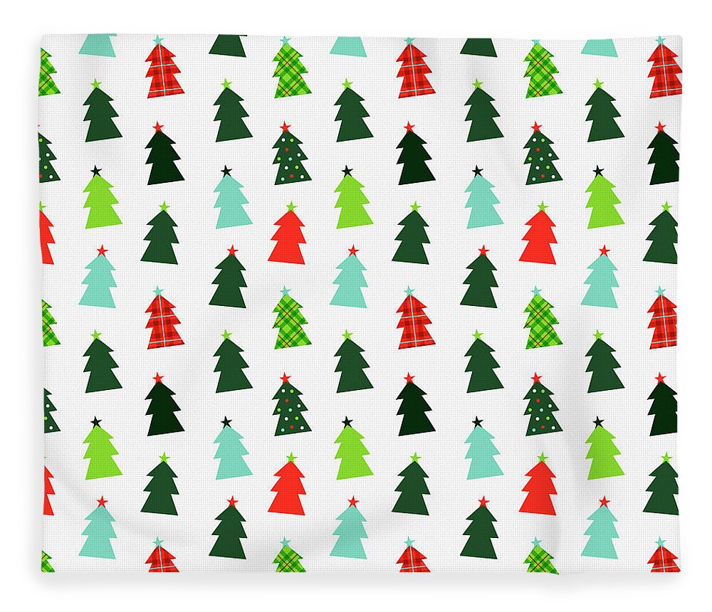 Tree Fleece Blanket featuring the painting Happy Christmas Tree Pattern on White by Jen Montgomery by Jen Montgomery