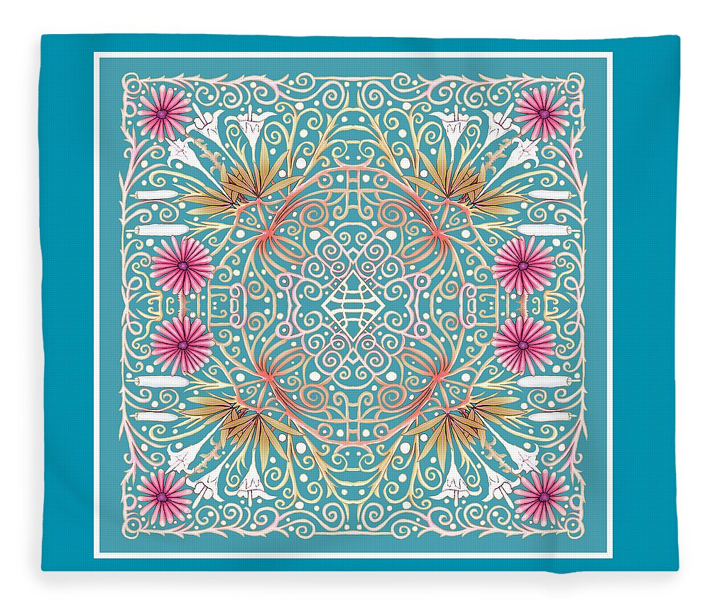 Lise Winne Fleece Blanket featuring the mixed media Pink and White Flowers Intertwined Into a Lace and Turquoise Background by Lise Winne