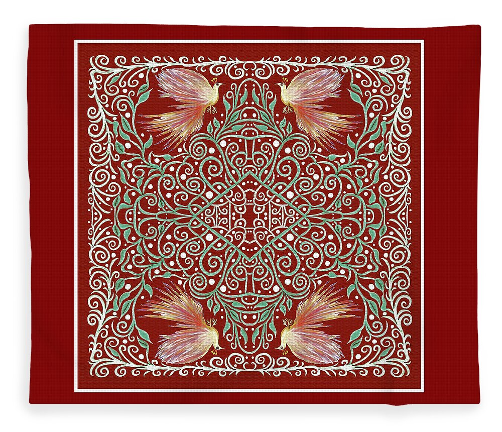 Firebirds Fleece Blanket featuring the mixed media Firebirds on Dark Red Oriental Carpet Looking Background by Lise Winne