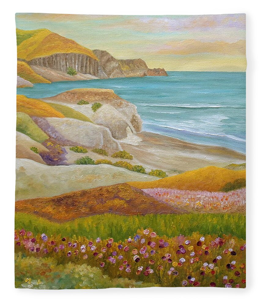 Wild Flowers Fleece Blanket featuring the painting Prairie By The Sea by Angeles M Pomata