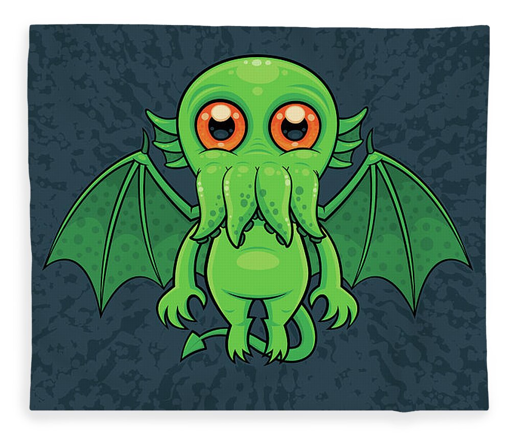 Cthulhu Fleece Blanket featuring the digital art Cute Green Cthulhu Monster by John Schwegel