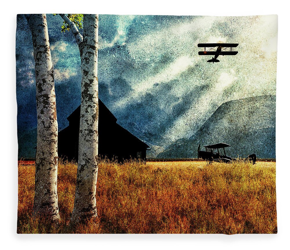 Airplane Fleece Blanket featuring the painting Birch Trees and Biplanes by Bob Orsillo