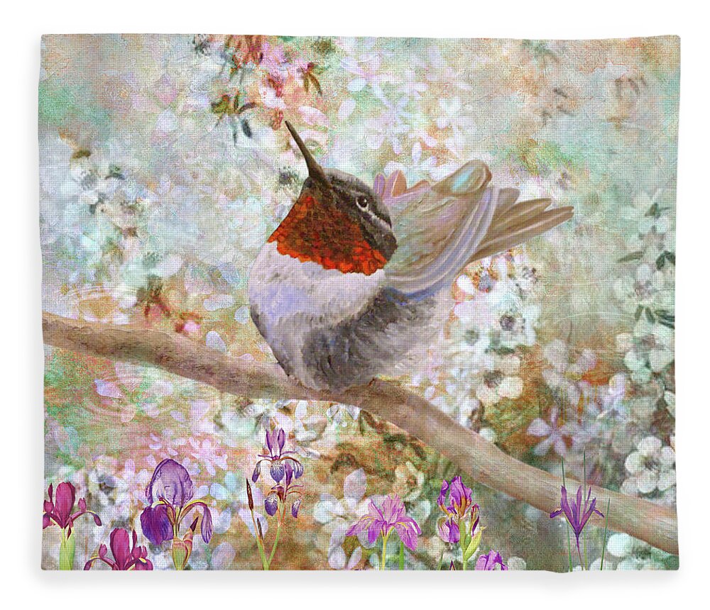 Ruby-throated Hummingbird Fleece Blanket featuring the painting Summer At The Pond by Angeles M Pomata