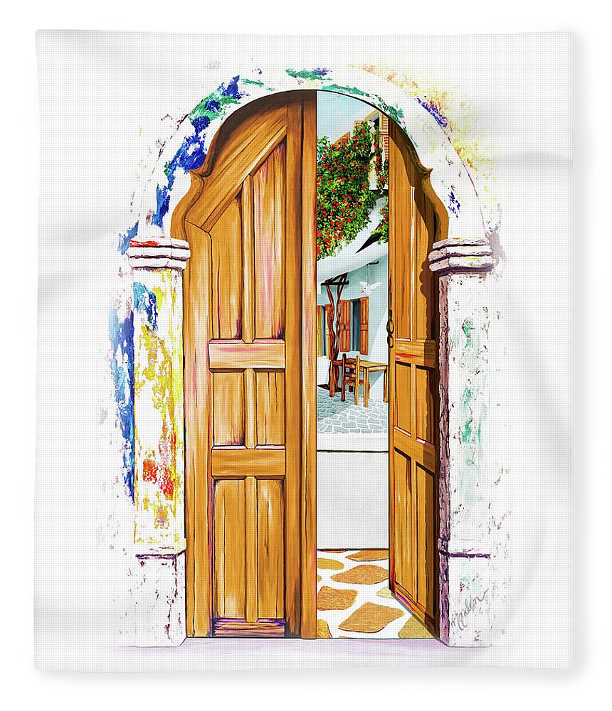 Santorini Fleece Blanket featuring the painting MYKONOS WALK BEYOND SANTORINI prints of oil paintings by Mary Grden
