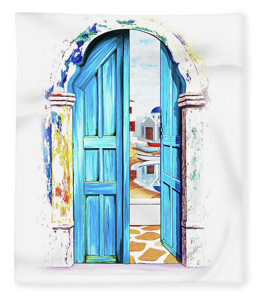 Santorini Fleece Blanket featuring the painting SUNDAY, IN MYKONOS BAY-Prints of Oil Paintings by Mary Grden