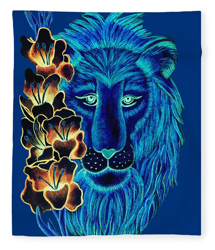 Leo Fleece Blanket featuring the digital art Leo Gladiolus Blue and Black by Christina Wedberg