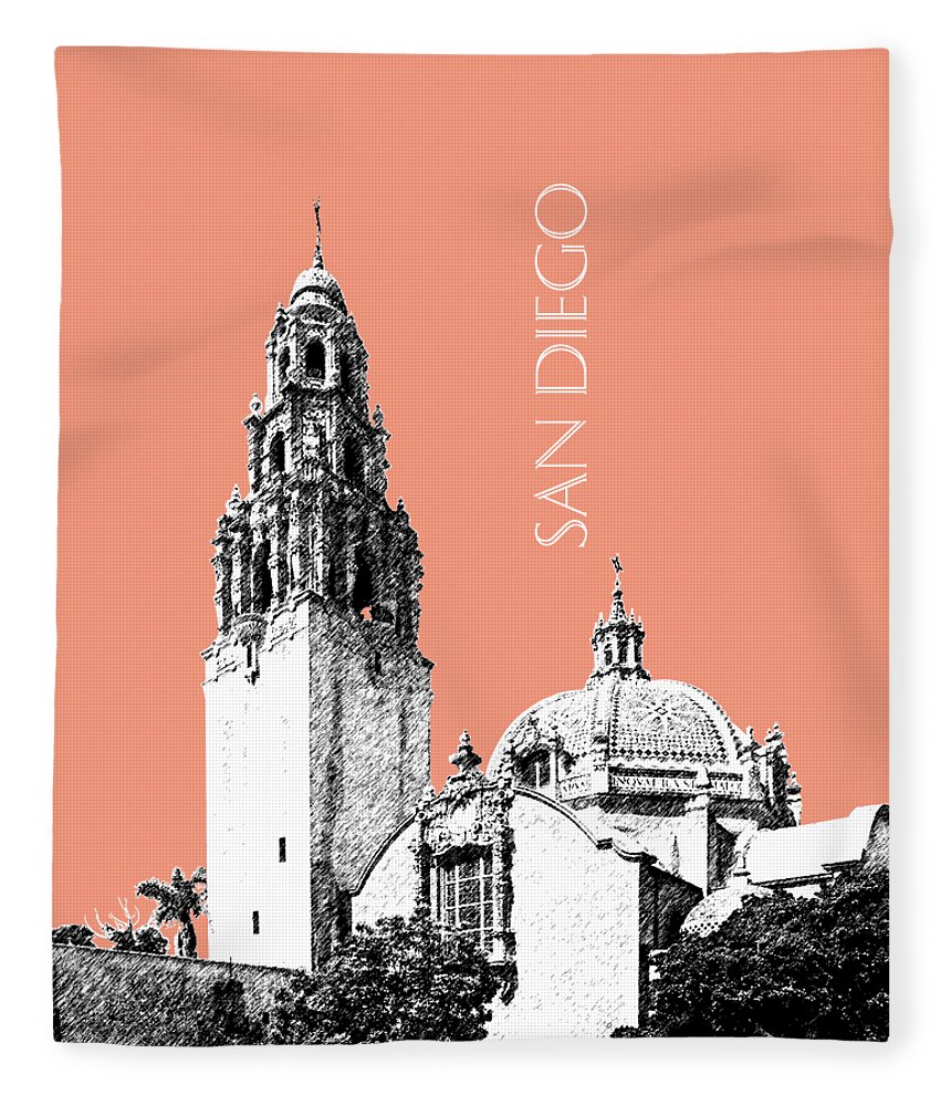 Architecture Fleece Blanket featuring the digital art San Diego Skyline Balboa Park - Salmon by DB Artist