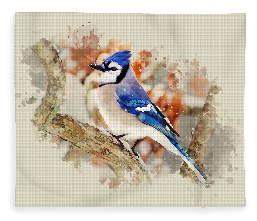 Blue Jay Fleece Blanket featuring the mixed media Beautiful Blue Jay - Watercolor Art by Christina Rollo