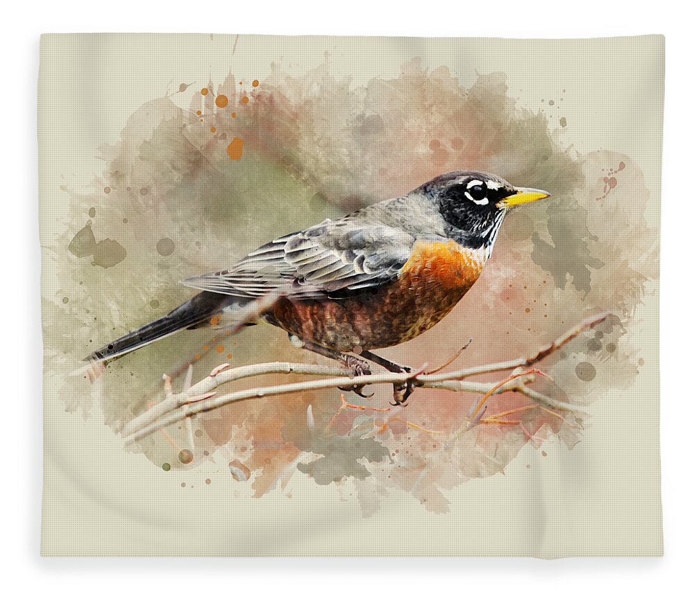 American Robin Fleece Blanket featuring the mixed media American Robin - Watercolor Art by Christina Rollo