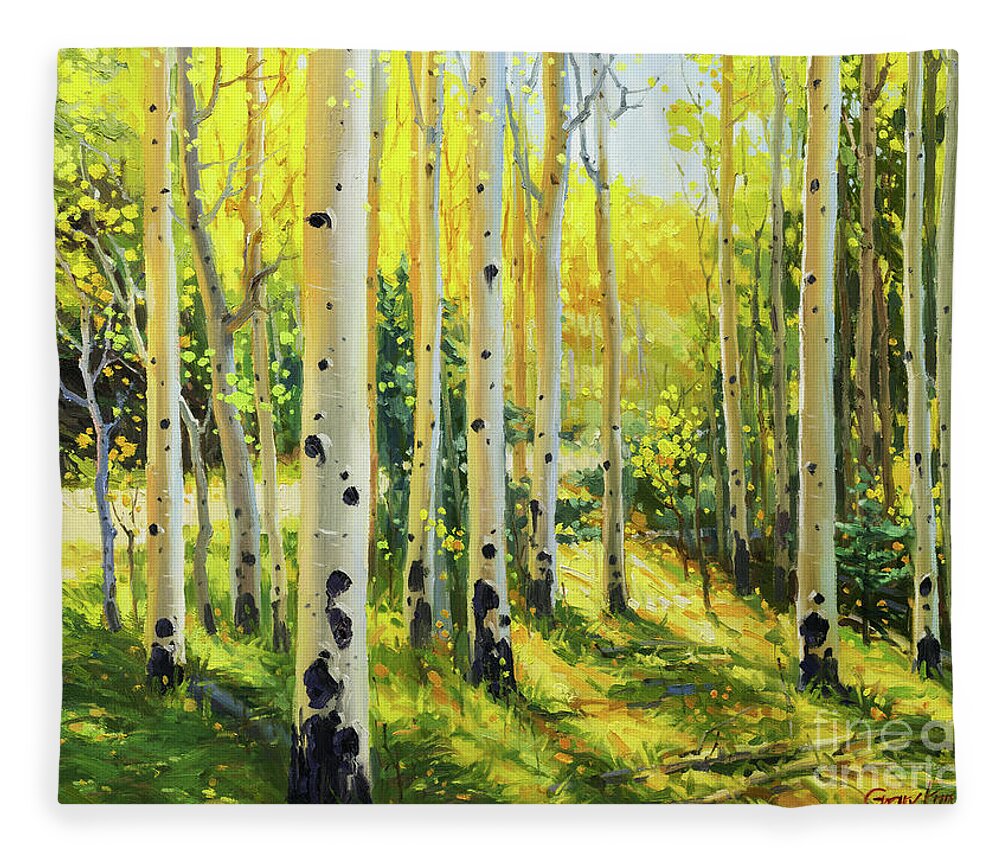Aspen Vista Santa Fe Nm Aspen Trees Mood Fleece Blanket featuring the painting Aspen Vista in Santa Fe New Mexico by Gary Kim