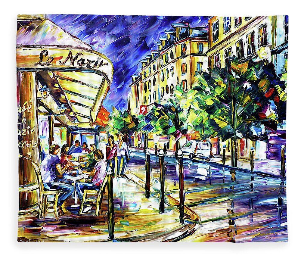 Cafe Le Nazir Paris Fleece Blanket featuring the painting At Night On Montmartre by Mirek Kuzniar