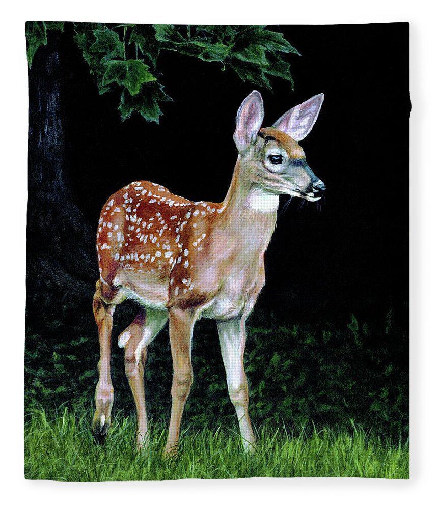 Deer Fleece Blanket featuring the painting At the Edge of the Forest by Shana Rowe Jackson