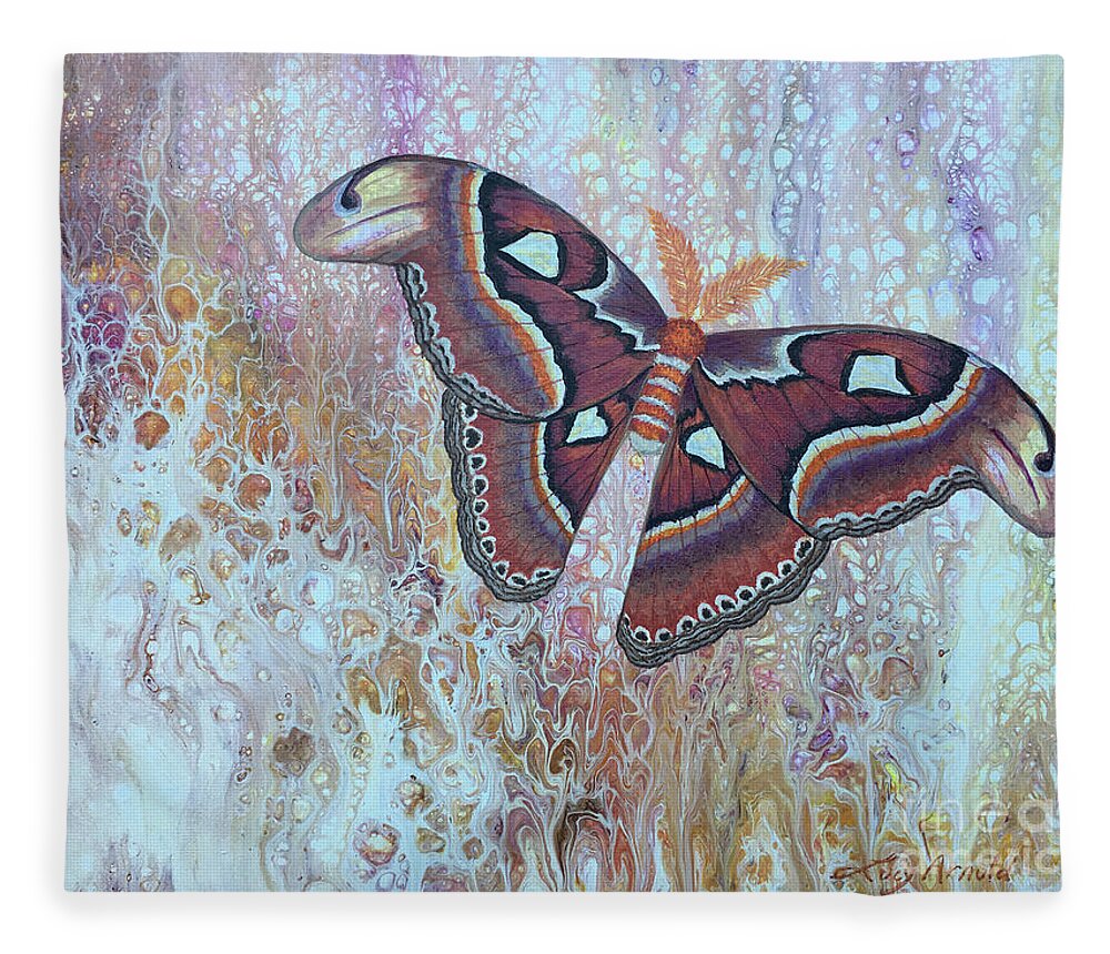 Moth Fleece Blanket featuring the painting Atlas Silk Moth by Lucy Arnold