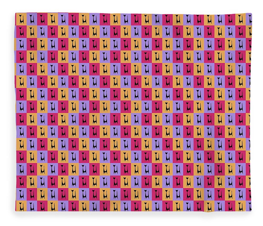 Atomic Cat Fleece Blanket featuring the digital art Atomic Cat 1 on Melon, Fuchsia and Melon by Donna Mibus