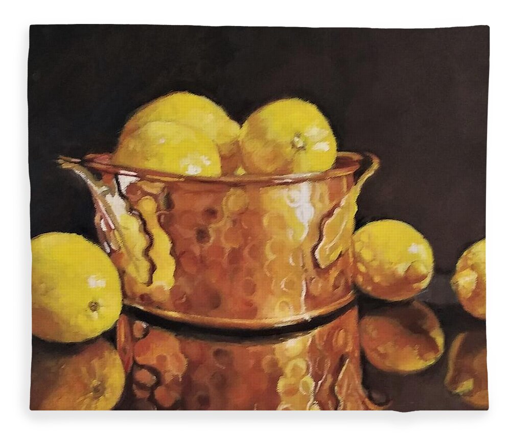 Copper Pot Fleece Blanket featuring the painting Atomic Number 29 With Lemons by Jean Cormier