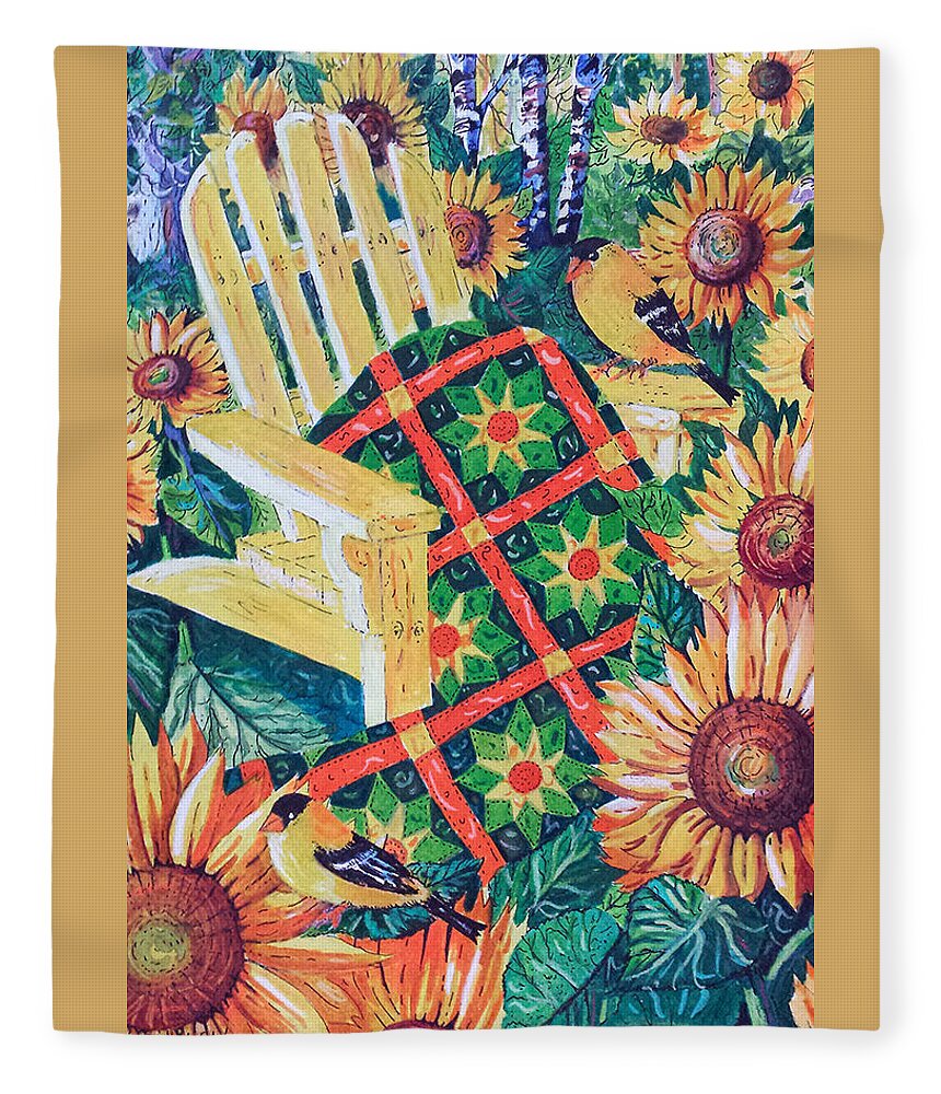 August Sunflowers And Quilt Fleece Blanket featuring the painting August Sunflowers and Quilt by Diane Phalen