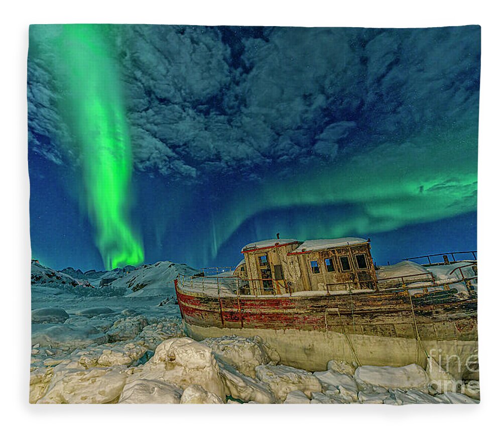 00648338 Fleece Blanket featuring the photograph Aurora Borealis and Boat by Shane P White