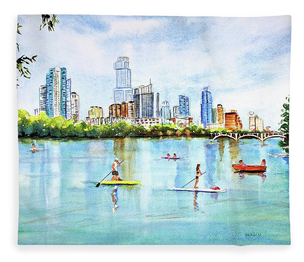 Austin Fleece Blanket featuring the painting Austin Texas Skyline from Lou Neff Point by Carlin Blahnik CarlinArtWatercolor