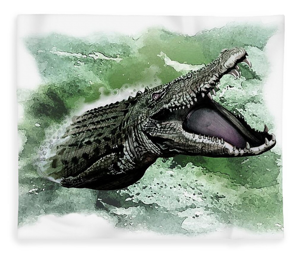 Art Fleece Blanket featuring the painting Australian Saltwater Crocodile by Simon Read