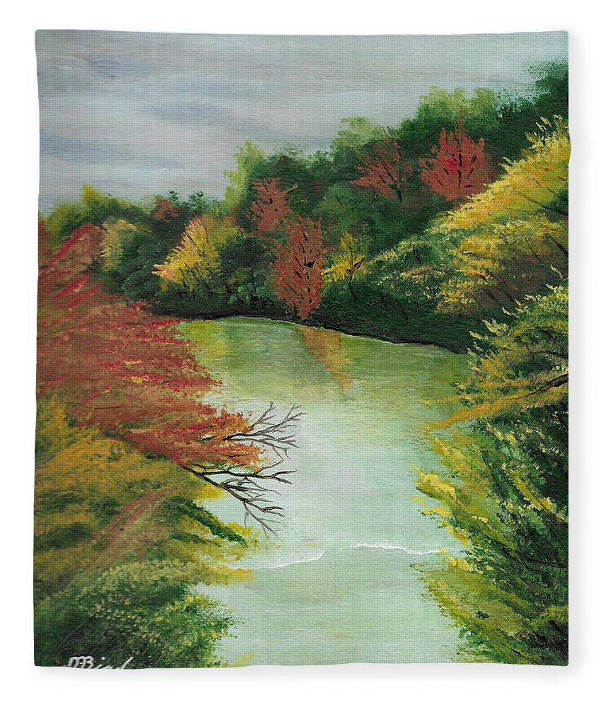 River Fleece Blanket featuring the painting Autum River by David Bigelow