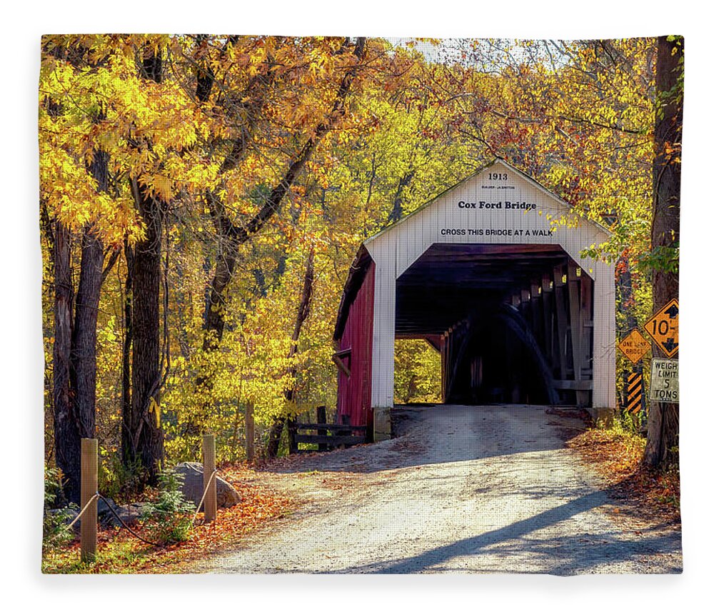 Parke County Fleece Blanket featuring the photograph Autumn at Cox Ford Covered Bridge by Susan Rissi Tregoning