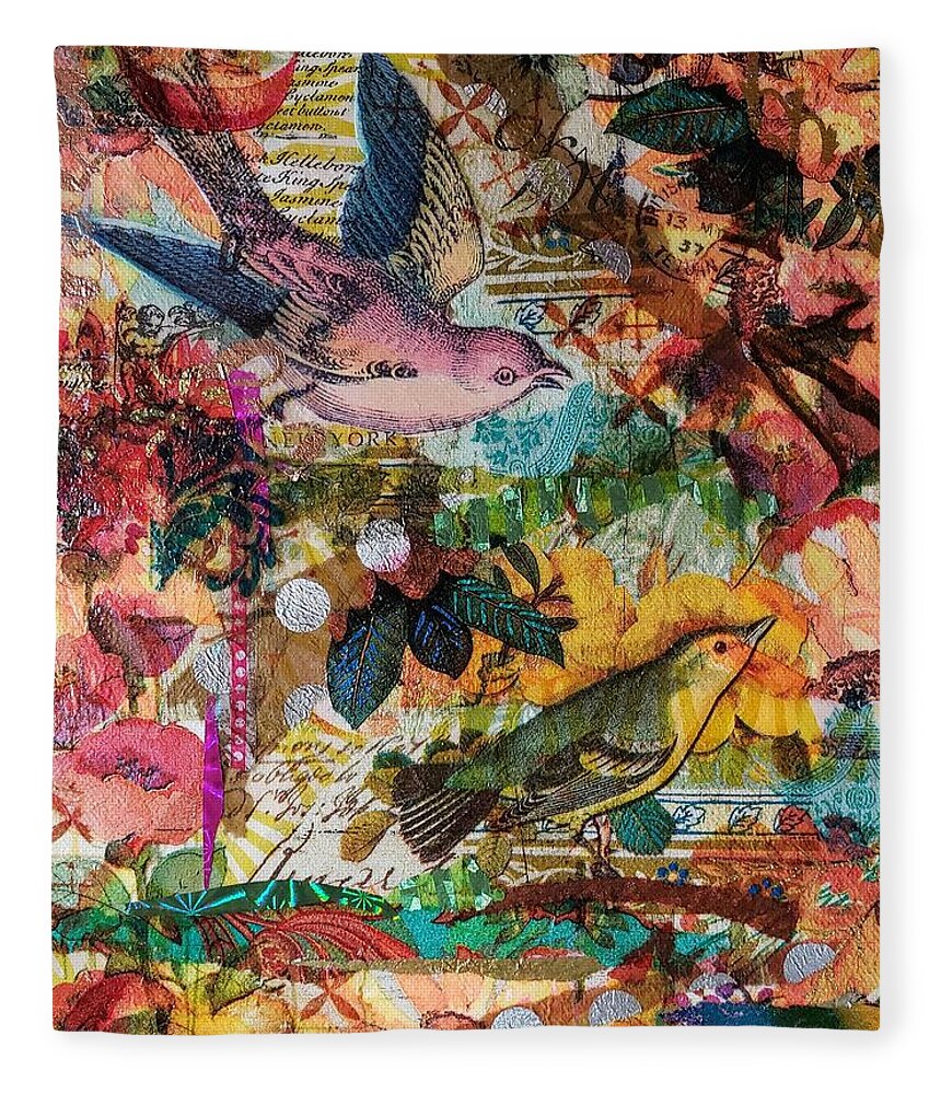 Birds Fleece Blanket featuring the mixed media Autumn Birds by Deborah Cherrin