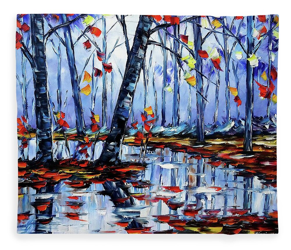 Golden Autumn Fleece Blanket featuring the painting Autumn By The River by Mirek Kuzniar