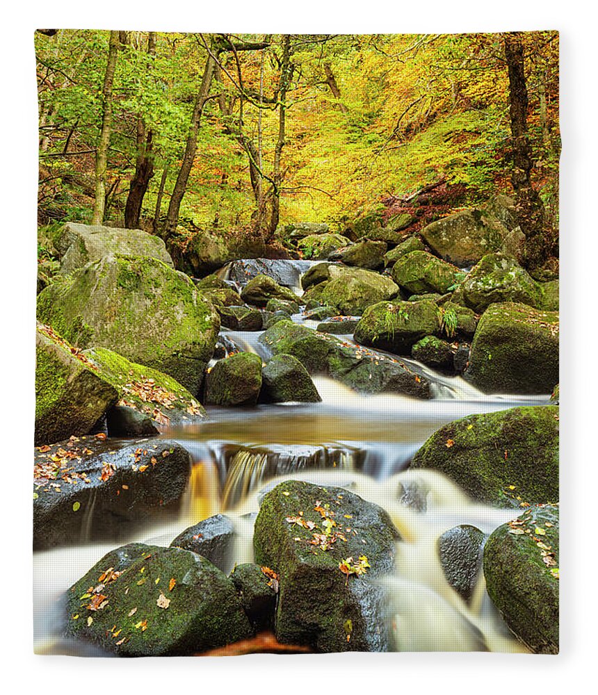 Autumn Colours Fleece Blanket featuring the photograph Autumn colours, Burbage Brook, Padley Gorge, Peak District National Park, Derbyshire, England by Neale And Judith Clark