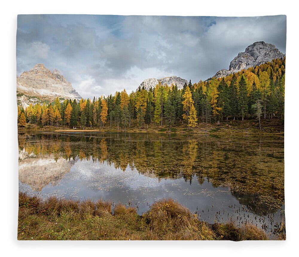 Antorno Lake Fleece Blanket featuring the photograph Lake antorno in autumn Italian dolomiti by Michalakis Ppalis