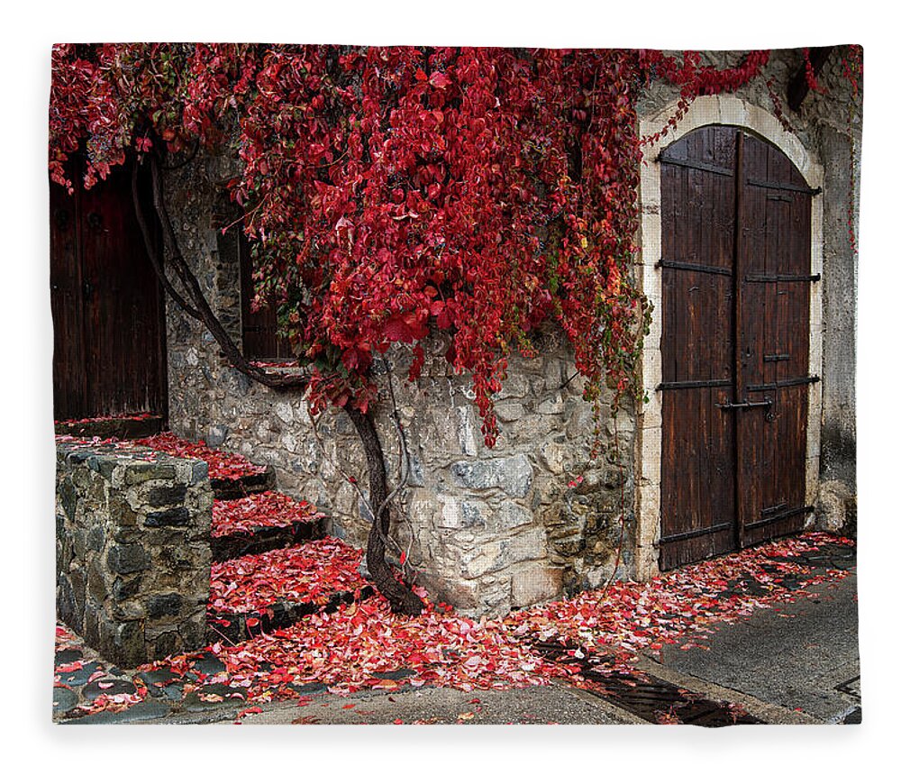 Autumn Fleece Blanket featuring the photograph Autumn landscape with red plants on a hous wall by Michalakis Ppalis