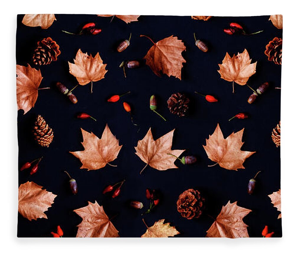 Thanksgiving Fleece Blanket featuring the photograph Autumn leaves with acorn and cones composition pattern on dark b by Jelena Jovanovic