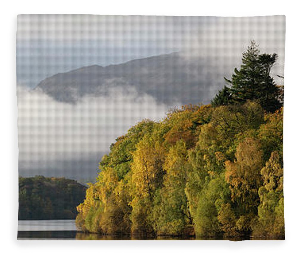 Panorama Fleece Blanket featuring the photograph Autumn mist on Derwentwater Lake District by Sonny Ryse