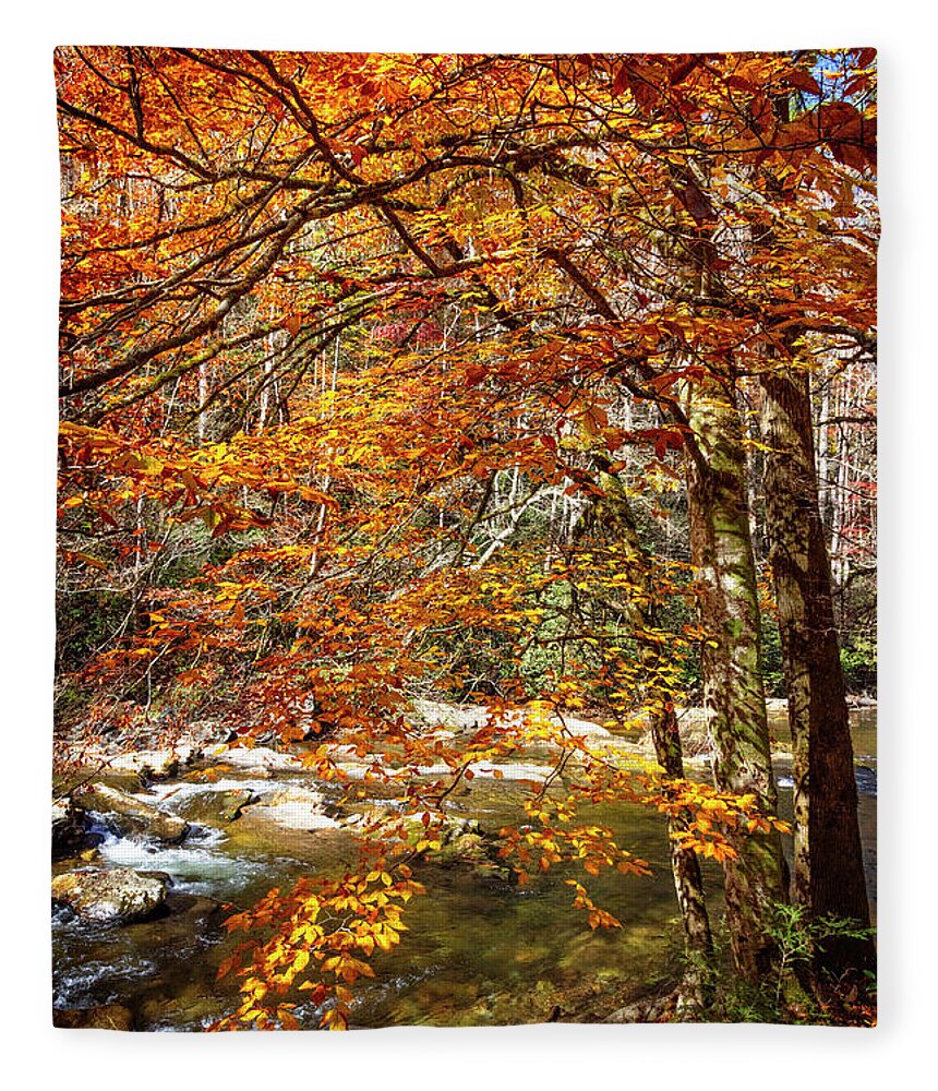 Carolina Fleece Blanket featuring the photograph Autumn's Fire along the Creek by Debra and Dave Vanderlaan