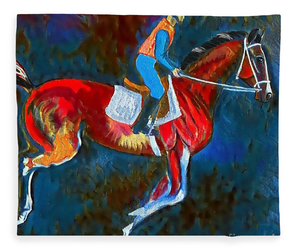 Equestrian Art Fleece Blanket featuring the digital art Backstretch Thoroughbred 008 by Stacey Mayer