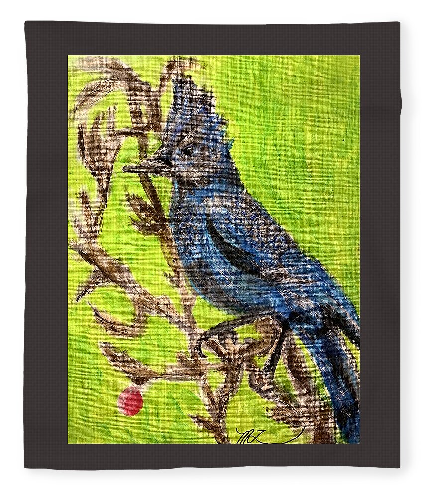 Stellar Jay Fleece Blanket featuring the painting Backyard Friend by Melody Fowler