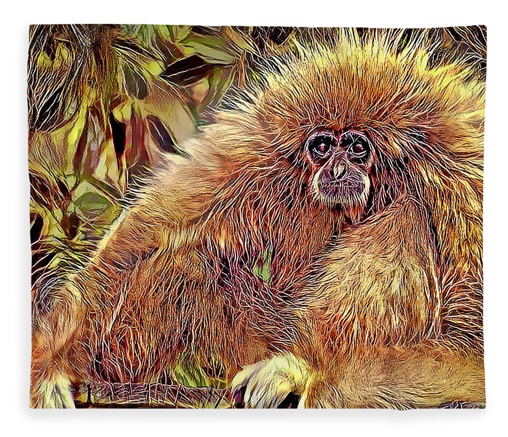 Gibbons Fleece Blanket featuring the mixed media Bad Hair Day by Debra Kewley