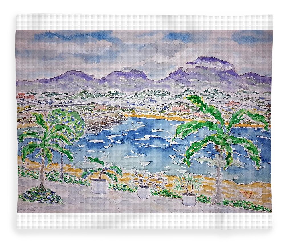 Watercolor Fleece Blanket featuring the painting Bahia de Tangolunda by John Klobucher