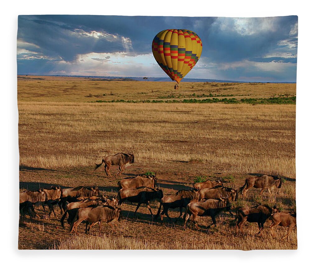 Hot Air Balloon Fleece Blanket featuring the photograph Balloon Over The Great Migration by Gene Taylor