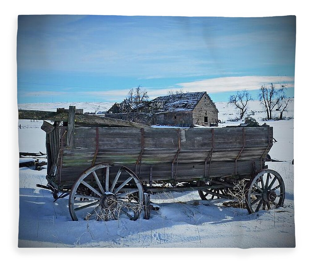  Fleece Blanket featuring the digital art Barn and Wagon On May Homestead by Fred Loring