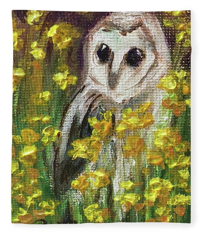 Barn Owl Fleece Blanket featuring the painting Barn Owl in Yellow Flowers by Roxy Rich