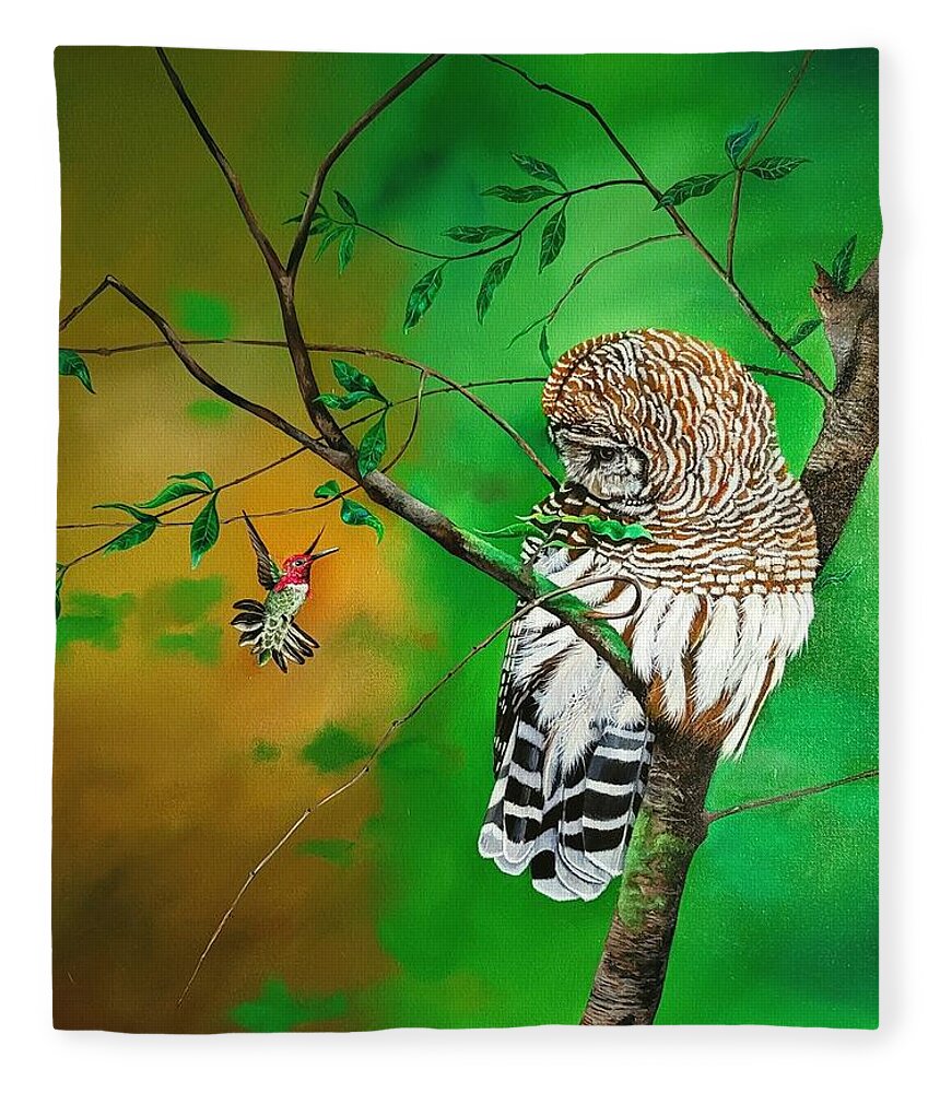 Birds Fleece Blanket featuring the painting Barred Owl and Anna's hummingbird by Dana Newman
