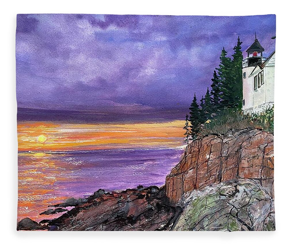 Acadia National Park Fleece Blanket featuring the painting Bass Harbor Head Light Lighthouse, Tremont Maine by Kellie Chasse
