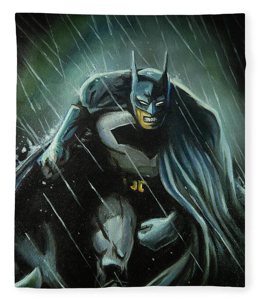 Batman Fleece Blanket featuring the painting Batman in the Rain by Brett Hardin