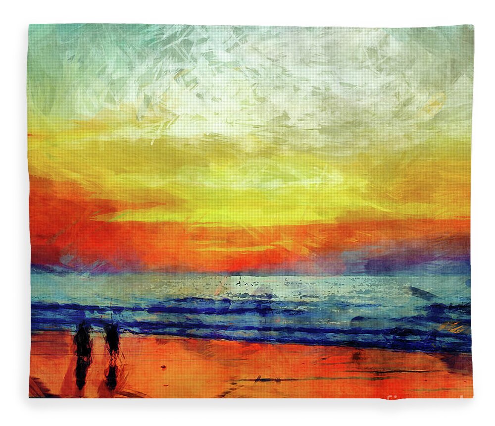 Beach Fleece Blanket featuring the digital art Beach At Sunset by Phil Perkins