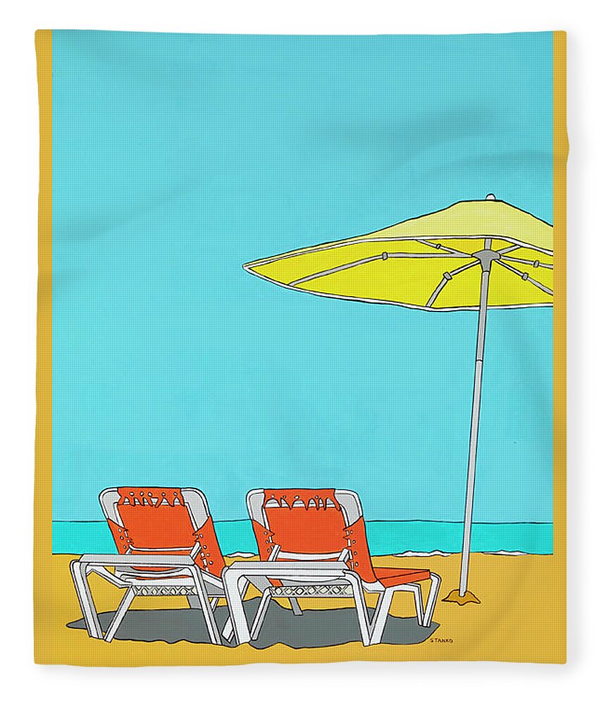 Orange Beach Chairs Water Longisland Montauk Florida Capecod Fleece Blanket featuring the painting Beach Chairs by Mike Stanko