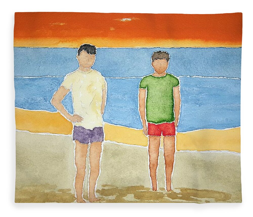 Watercolor Fleece Blanket featuring the painting Beach Dudes by John Klobucher