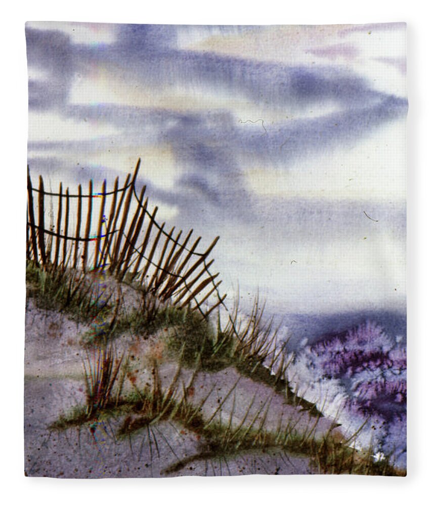 Wave Painting Fleece Blanket featuring the painting OBX Beach Fence on National Seashore by Catherine Ludwig Donleycott
