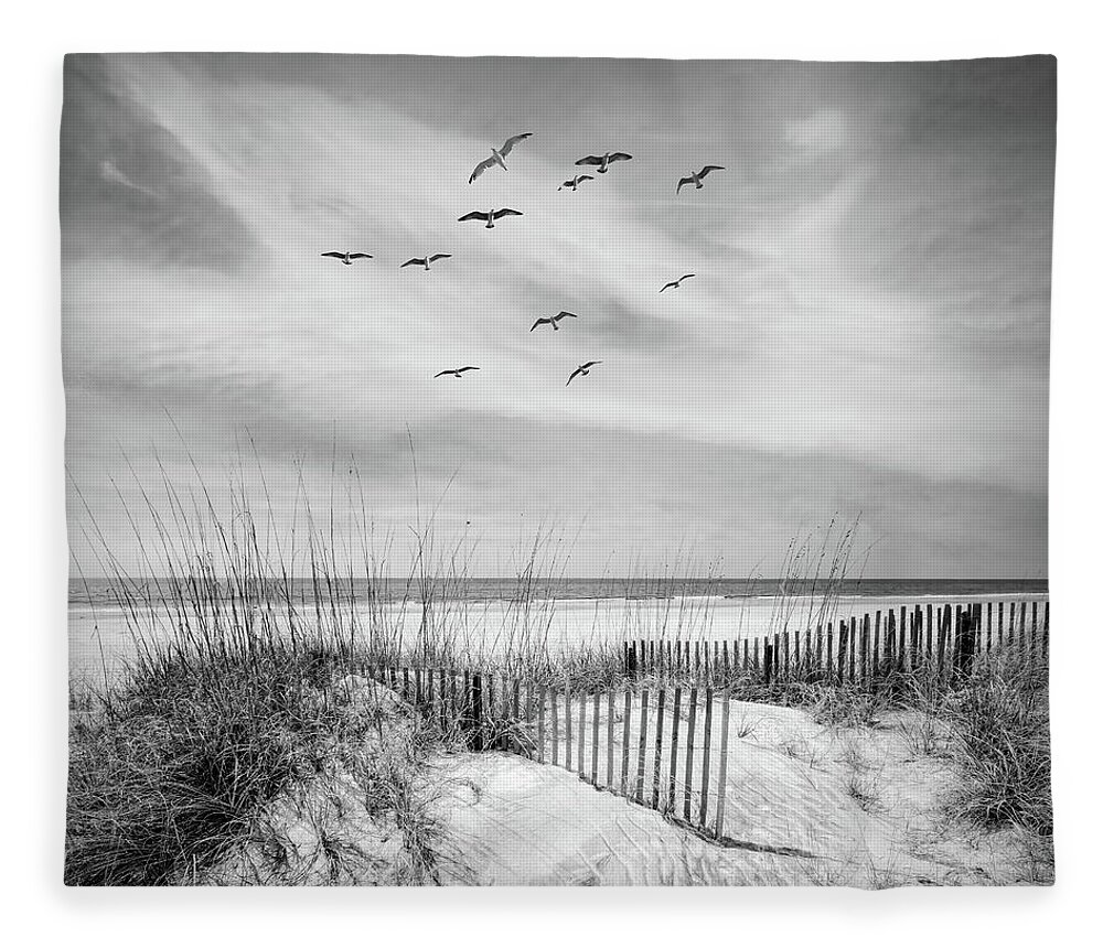 Black Fleece Blanket featuring the photograph Beach Fences on the Sand Dunes Black and White in Square by Debra and Dave Vanderlaan
