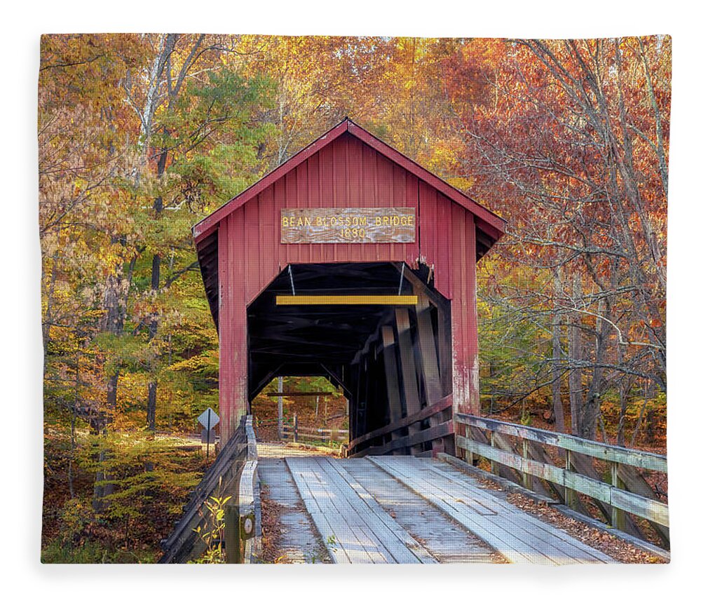 Bean Blossom Bridge Fleece Blanket featuring the photograph Bean Blossom Covered Bridge in Autumn by Susan Rissi Tregoning
